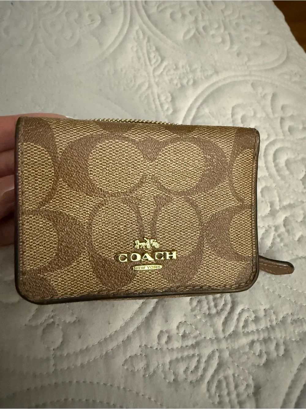 Coach Brown Signature Canvas Zip Card Case with Gold Logo